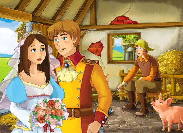 Scène de dessin animé avec princesse et prince ou roi et fermier rancher dans la grange illustration porcine pour enfants — Photo