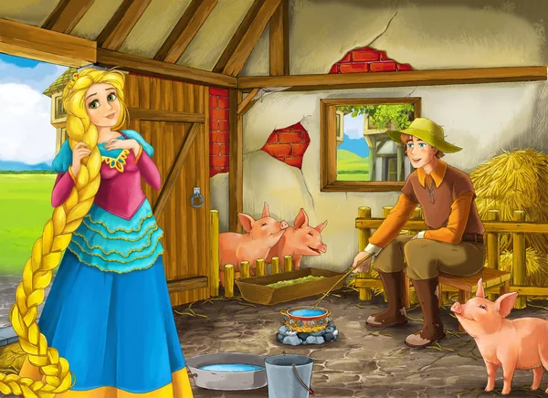 Cartoon scene with princess and farmer rancher in the barn pigsty illustration for children — Stock Photo, Image