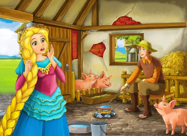 Scena kreskówki z księżniczką i farmerem Farmer w oborze chlewie ilustracji dla dzieci — Zdjęcie stockowe