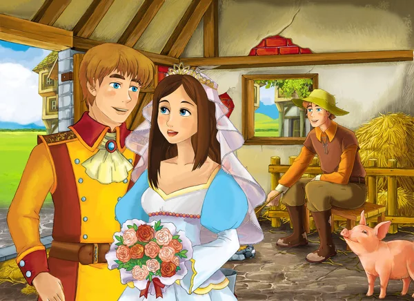 Cena dos desenhos animados com princesa e príncipe ou rei e fazendeiro na ilustração pocilga celeiro para crianças — Fotografia de Stock