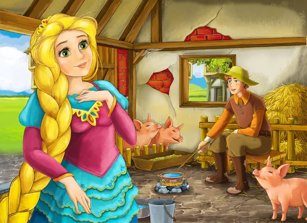 Çocuklar için ahır pigsty illüstrasyon prenses ve çiftçi çiftlik sahibi ile Karikatür sahne — Stok fotoğraf