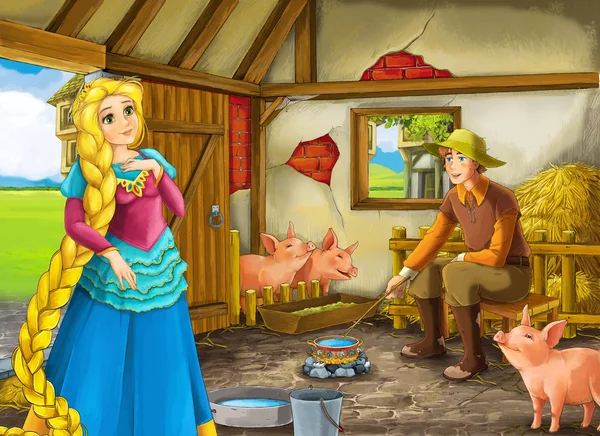 Tecknad scen med prinsessan och bonde ranchägare i ladan svinstia illustration för barn — Stockfoto