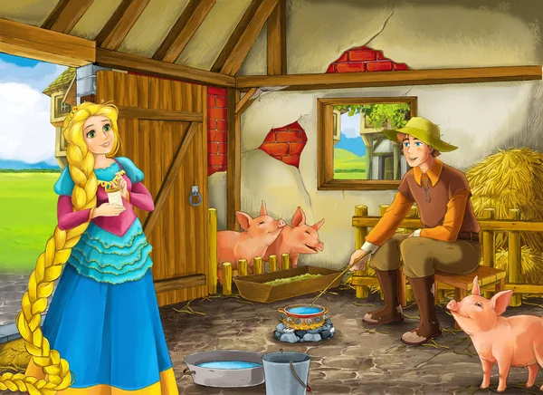 Γελοιογραφία σκηνή με την πριγκίπισσα και αγρότης στο χοιροστάσιο εικονογράφηση για τα παιδιά — Φωτογραφία Αρχείου
