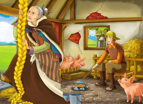 Cartoon scene with old woman witch or sorceress and farmer rancher in the barn pigsty illustration for children