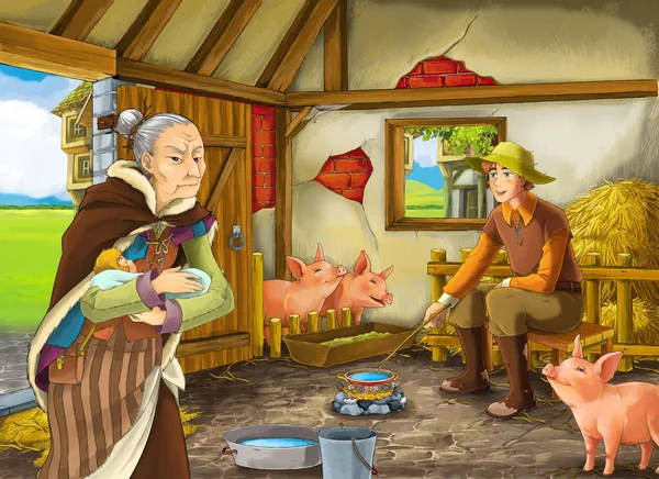 Cartoon Scene Old Woman Witch Sorceress Farmer Rancher Barn Pigsty — Stock Photo, Image