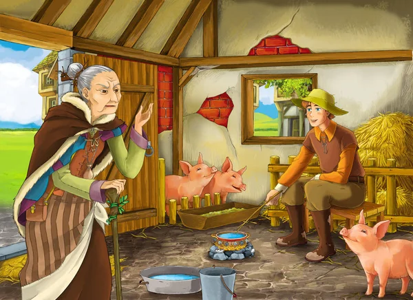 Cartoon Scene Old Woman Witch Sorceress Farmer Rancher Barn Pigsty — Stock Photo, Image