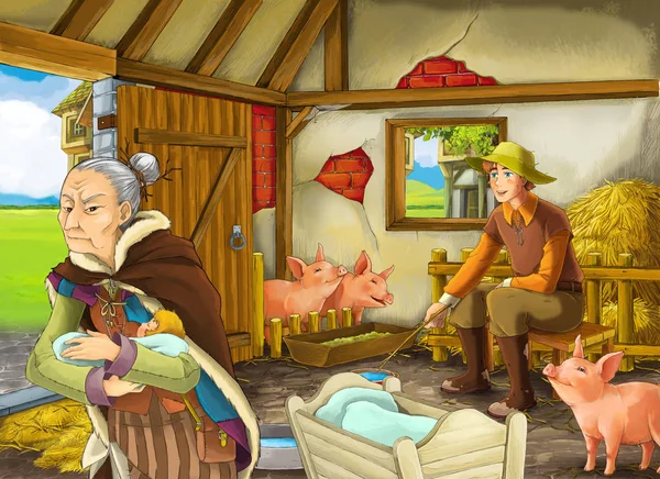 卡通场景与老妇人女巫或女巫和农民牧场主在谷仓猪脚插图为儿童 — 图库照片