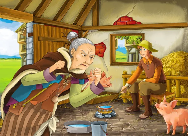 卡通场景与老妇人女巫或女巫和农民牧场主在谷仓猪脚插图为儿童 — 图库照片