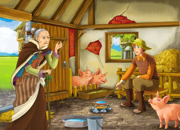 Cartoon Scene Old Woman Witch Sorceress Farmer Rancher Barn Pigsty — Stock Photo, Image