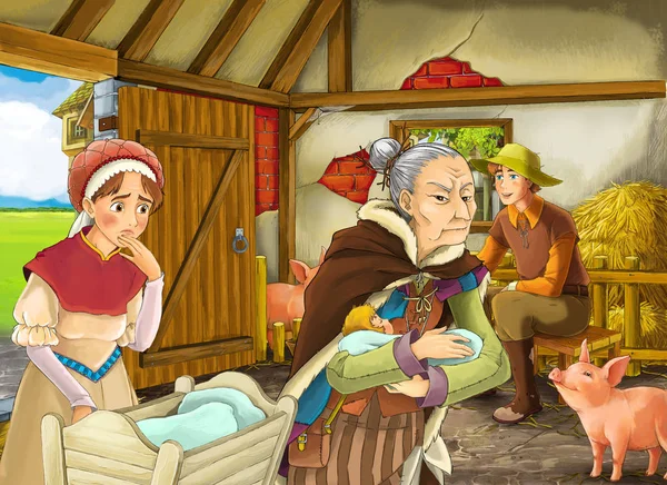 Kreslená scéna s farmářem nebo přestrojeným princem a ženou či manželkou a starší čarodějnicí nebo čarodějkou ve stodole pro děti — Stock fotografie