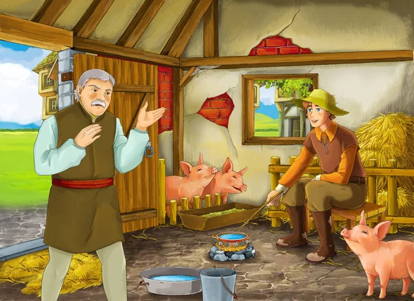 Scène de bande dessinée avec deux fermiers éleveurs ou prince déguisé et fermier plus âgé dans la grange illustration porcine pour enfants — Photo