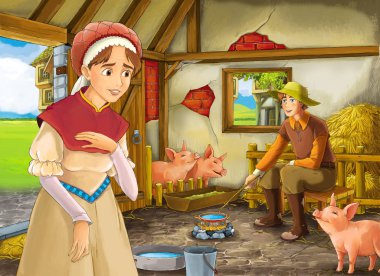 Çocuklar için ahır pigsty illüstrasyon çiftçi çiftlik sahibi veya kılık değiştirmiş prens ve kadın ya da karısı ile Karikatür sahne