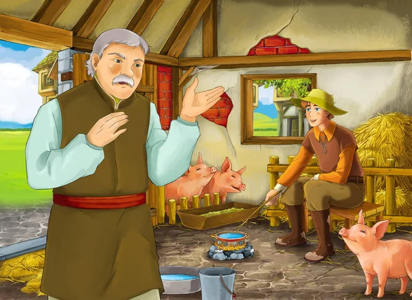 Cartoon scene with two farmers ranchers or disguised prince and older farmer in the barn pigsty illustration for children — Stock Photo, Image