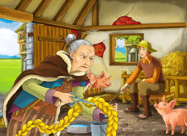 Tecknad scen med bonde ranchägare eller förklädd prins och äldre kvinna häxa Sorceress i ladan svinstia illustration för barn — Stockfoto