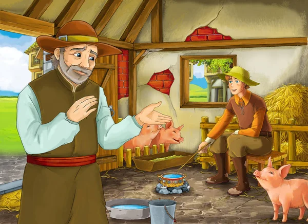 Cartoon scene with two farmers ranchers or disguised prince and older farmer in the barn pigsty illustration for children — Stock Photo, Image