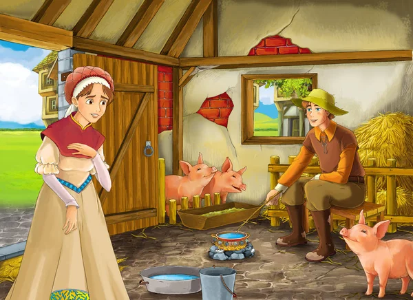 Scène de dessin animé avec un éleveur agricole ou un prince déguisé et une femme ou une femme dans la grange illustration porcine pour enfants — Photo