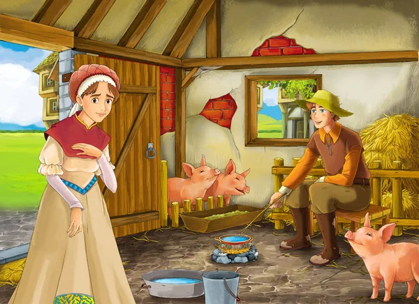 Scène de dessin animé avec un éleveur agricole ou un prince déguisé et une femme ou une femme dans la grange illustration porcine pour enfants — Photo