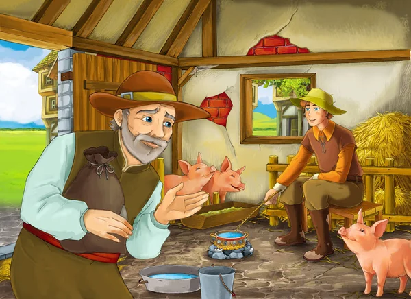 Cartoon scene with two farmers ranchers or disguised prince and older farmer in the barn pigsty illustration for children
