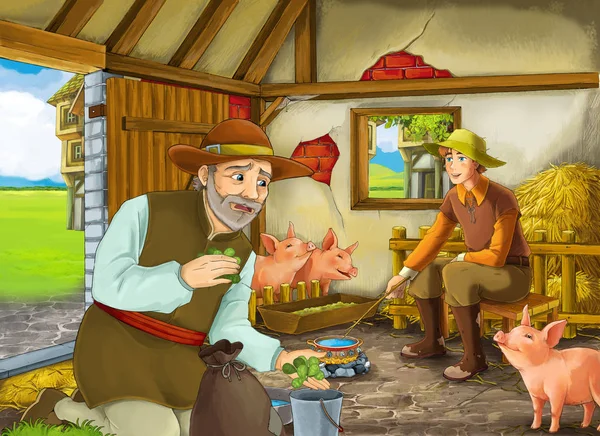 Cartoon scene with two farmers ranchers or disguised prince and older farmer in the barn pigsty illustration for children