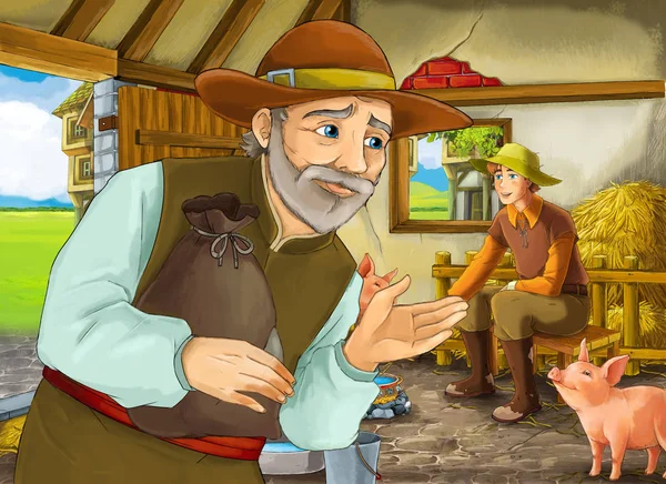 Cena de desenhos animados com dois fazendeiros fazendeiros ou príncipe disfarçado e agricultor mais velho na ilustração pocilga do celeiro para crianças — Fotografia de Stock