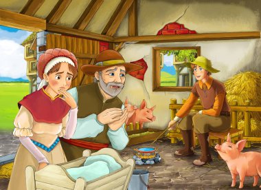 Çocuklar için ahır pigsty illüstrasyon iki çiftçi çiftlik sahipleri ve kadın karısı veya gizli prens ve yaşlı çiftçi ile Karikatür sahne