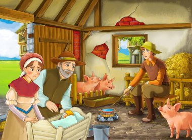 Çocuklar için ahır pigsty illüstrasyon iki çiftçi çiftlik sahipleri ve kadın karısı veya gizli prens ve yaşlı çiftçi ile Karikatür sahne