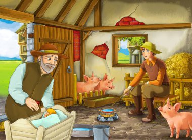 Çocuklar için ahır pigsty illüstrasyon iki çiftçi çiftlik sahipleri veya gizli prens ve yaşlı çiftçi ile Karikatür sahne