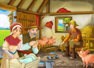 Çocuklar için ahır pigsty illüstrasyon iki çiftçi çiftlik sahipleri ve kadın karısı veya gizli prens ve yaşlı çiftçi ile Karikatür sahne