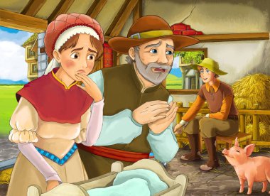Çocuklar için ahır pigsty illüstrasyon iki çiftçi çiftlik sahipleri ve kadın karısı veya gizli prens ve yaşlı çiftçi ile Karikatür sahne