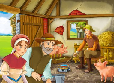Çocuklar için ahır pigsty illüstrasyon iki çiftçi çiftlik sahipleri ve kadın karısı veya gizli prens ve yaşlı çiftçi ile Karikatür sahne