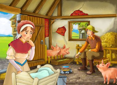 Çocuklar için ahır pigsty illüstrasyon çiftçi çiftlik sahibi veya kılık değiştirmiş prens ve kadın ya da karısı ile Karikatür sahne