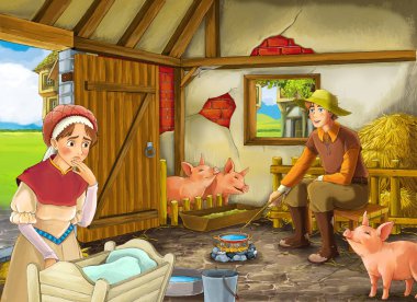 Çocuklar için ahır pigsty illüstrasyon çiftçi çiftlik sahibi veya kılık değiştirmiş prens ve kadın ya da karısı ile Karikatür sahne