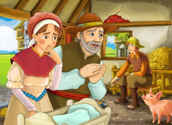 卡通场景与两个农民牧场主和妇女的妻子或伪装王子和老农在谷仓猪圈插图为孩子 — 图库照片