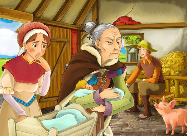 Kreslená scéna s farmářem nebo přestrojeným princem a ženou či manželkou a starší čarodějnicí nebo čarodějkou ve stodole pro děti — Stock fotografie