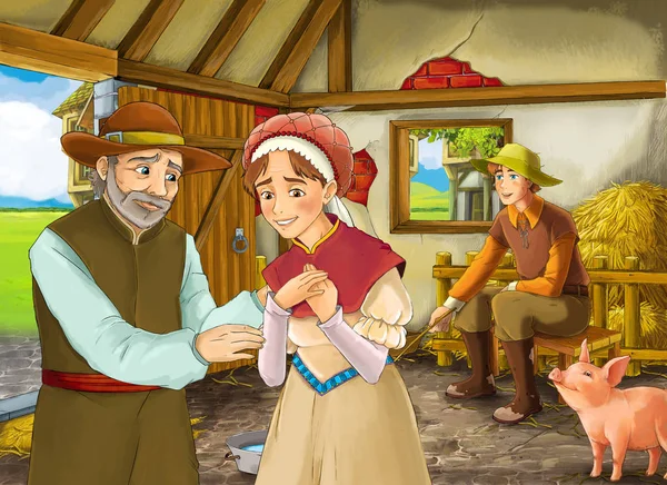 Cartoon scene with two farmers ranchers or disguised prince and older farmer in the barn pigsty illustration for children — Stock Photo, Image