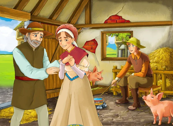 Cartoon scene with two farmers ranchers and woman wife or disguised prince and older farmer in the barn pigsty illustration for children