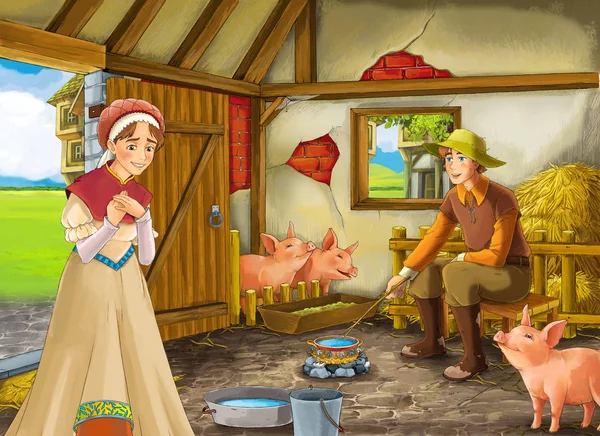 Scène de dessin animé avec un éleveur agricole ou un prince déguisé et une femme ou une femme dans la grange illustration porcine pour enfants — Photo