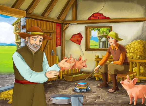 Scena di cartoni animati con due allevatori di agricoltori o principe travestito e agricoltore più anziano nel fienile illustrazione porcile per bambini — Foto Stock