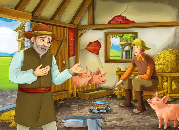 Cartoon scene with two farmers ranchers or disguised prince and older farmer in the barn pigsty illustration for children — Stock Photo, Image