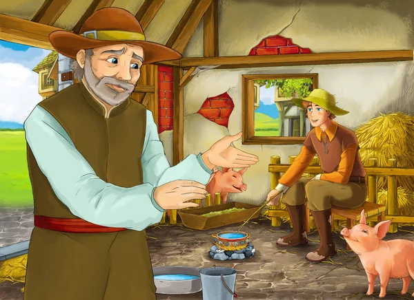 Cartoon scene with two farmers ranchers or disguised prince and older farmer in the barn pigsty illustration for children