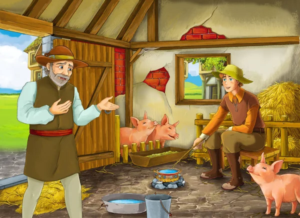 Cartoon scene with two farmers ranchers or disguised prince and older farmer in the barn pigsty illustration for children — Stock Photo, Image