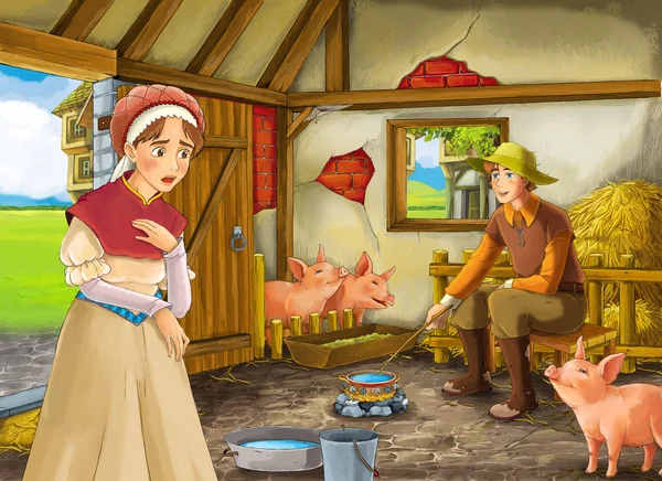 Tecknad scen med bonde ranchägare eller förklädd prins och kvinna eller hustru i ladan svinstia illustration för barn — Stockfoto