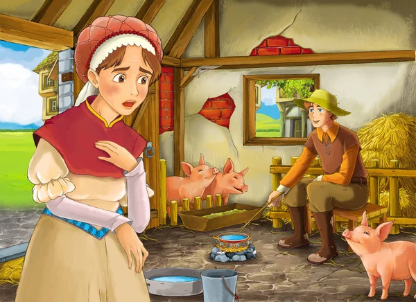 Tecknad scen med bonde ranchägare eller förklädd prins och kvinna eller hustru i ladan svinstia illustration för barn — Stockfoto