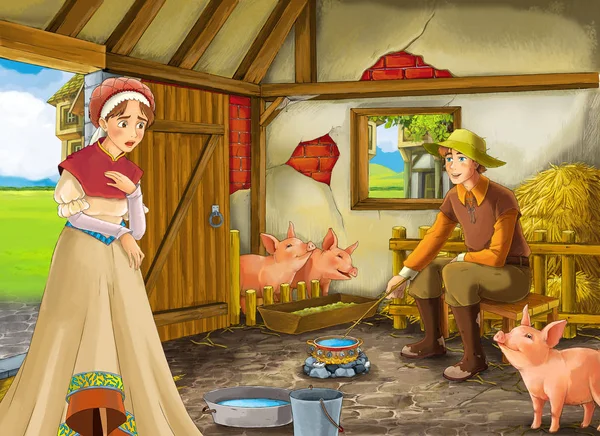 Çocuklar için ahır pigsty illüstrasyon çiftçi çiftlik sahibi veya kılık değiştirmiş prens ve kadın ya da karısı ile Karikatür sahne