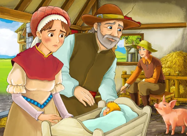 Scena del cartone animato con due allevatori di agricoltori e moglie donna o principe travestito e agricoltore più anziano nel fienile illustrazione porcile per bambini — Foto Stock