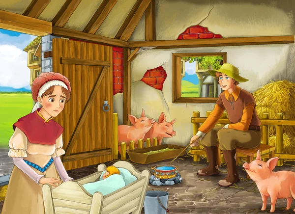 Scena del fumetto con contadino allevatore o principe travestito e donna o moglie nel fienile illustrazione porcile per bambini — Foto Stock