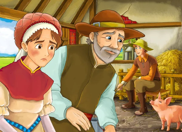 Cartoon scene with two farmers ranchers and woman wife or disguised prince and older farmer in the barn pigsty illustration for children