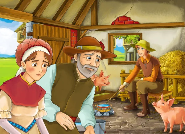 Scena del cartone animato con due allevatori di agricoltori e moglie donna o principe travestito e agricoltore più anziano nel fienile illustrazione porcile per bambini — Foto Stock