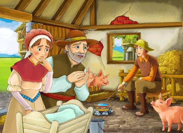 Cartoon scene with two farmers ranchers and woman wife or disguised prince and older farmer in the barn pigsty illustration for children — Stock Photo, Image