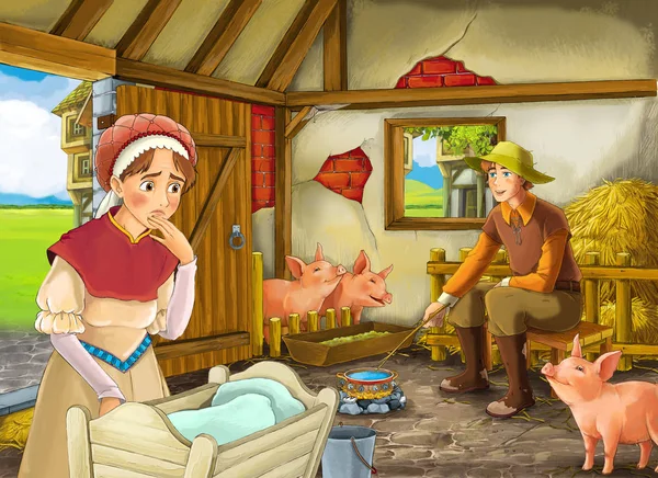 Çocuklar için ahır pigsty illüstrasyon çiftçi çiftlik sahibi veya kılık değiştirmiş prens ve kadın ya da karısı ile Karikatür sahne